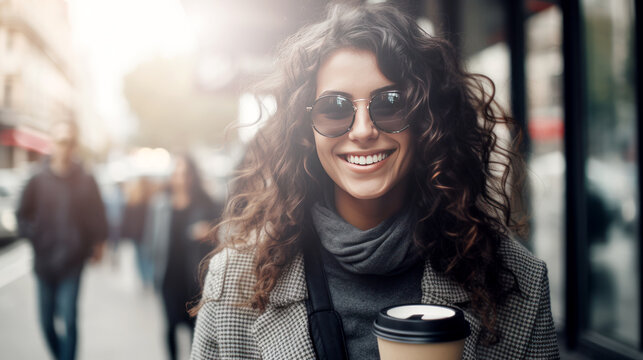 Good-looking brunette woman with cutly hair wears sunglasses and jacket with a takeaway coffee mug in town. Generative AI