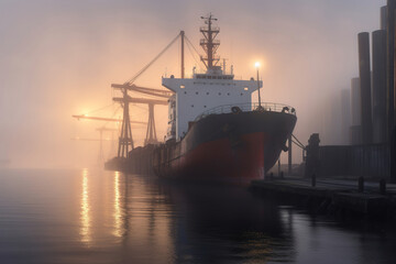 Fototapeta premium Cargo ship in the port in foggy morning. Overcast weather.