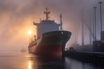 Fototapeta premium Cargo ship in the port in foggy morning. Overcast weather.