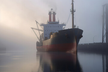 Fototapeta premium Cargo ship in the port in foggy morning. Overcast weather.