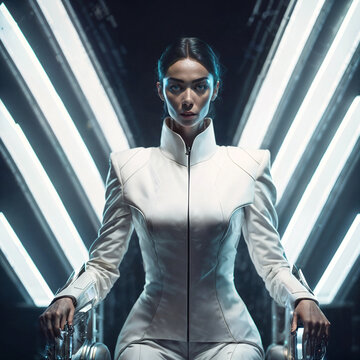 futuristic portrait photo of beautiful woman in white suit, generative AI