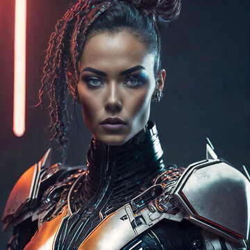 futuristic portrait photo of beautiful woman in armor suit, generative AI