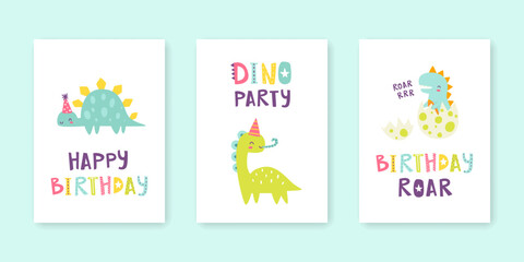 Children's birthday greeting cards set with cute dino. Kids birthday prints collection with dinosaurs.