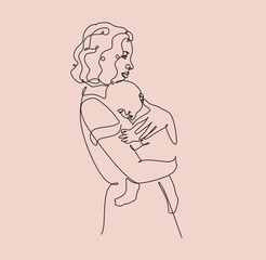 Abstract motherhood continuous line art. Young mom hugging her baby. Hand drawn illustration for Happy International Mother's Day card, loving family, parenthood childhood concept