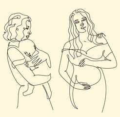 Maternity concept line art illustration. Pregnant women, woman with a newborn baby. Motherhood, maternity, hand drawn style vector illustrations.