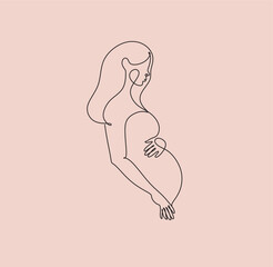 Pregnant abstract woman one line art , stylized continuous contour with abstract spots. Lady expecting child,picture of future mother and baby in belly. Motherhood concept.Doodle,sketch,vector