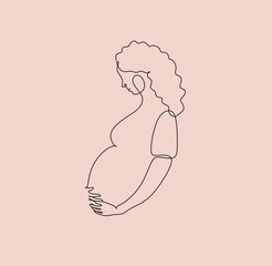 Pregnant abstract woman one line art , stylized continuous contour with abstract spots. Lady expecting child,picture of future mother and baby in belly. Motherhood concept.Doodle,sketch,vector