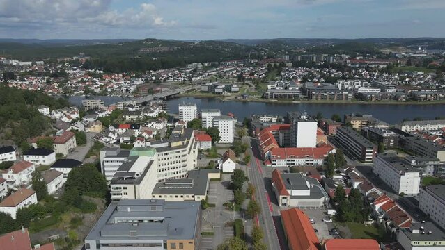 Panning right along the city of Kristiansand Norway at the Otra River