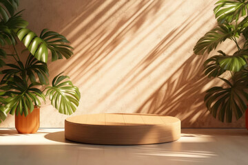 Empty wooden podium on the background of tropical leaves and wall with shadows.Premium class podium,showcase.The background can be used for mounting, presentation your products.Generative AI