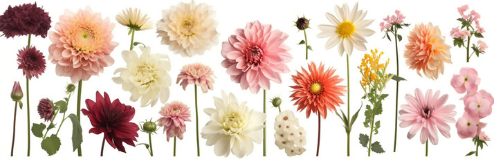 Set of different beautiful flowers isolated on white background, Generative AI
