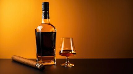 Fototapeta na wymiar luxury bottle of whiskey on table with cigare