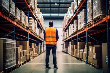 Fototapeta premium The expertise and supervision of a warehouse manager with a back view shot of a specialist working inside a storage facility. Generative AI