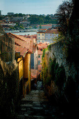 The narrow streets of the Ribeira neighbourhood, Porto, Portugal.