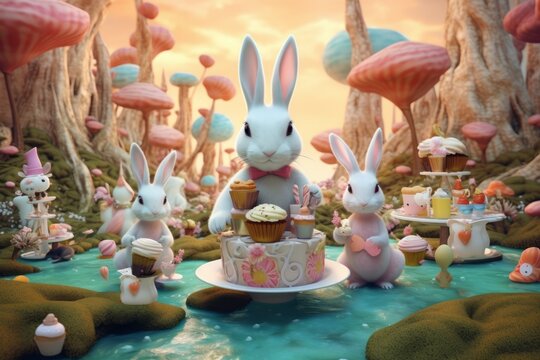 An whimsical image showcasing a bunny hosting a magical tea party in an Easter-themed wonderland, complete with festive treats, pastel-colored teacups, and joyful companions. 3d render. Generative AI