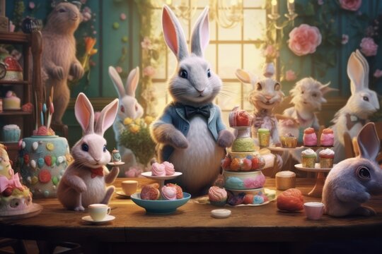 An whimsical image showcasing a bunny hosting a magical tea party in an Easter-themed wonderland, complete with festive treats, pastel-colored teacups, and joyful companions. 3d render. Generative AI