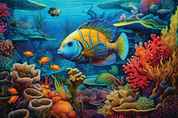 Fototapeta na wymiar painting of underwater world with coral fishes