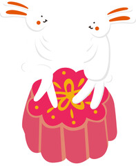 rabbit is standing on moon cake and holding hands