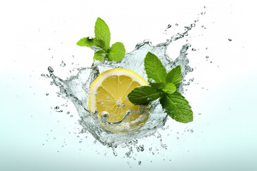 Fresh lemons and pure water splash isolated on white background. Generative art.