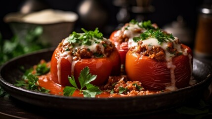 stuffed peppers filled with ground beef, rice, and tomato sauce, garnished with fresh parsley - obrazy, fototapety, plakaty