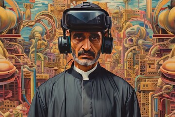 Face of a modern Muslim man with a beard wearing virtual reality glasses in a mosque AI