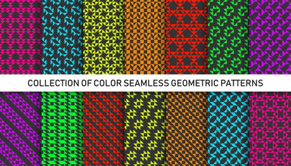 Collection of vector decorative seamless geometric patterns. Fabric bright textures. Abstract repeatable backgrounds