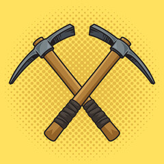 Crossed pickaxes tools pinup pop art retro raster illustration. Comic book style imitation.