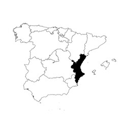 Vector map of the province of Comunidad Valenciana highlighted highlighted in black on the map of Spain.