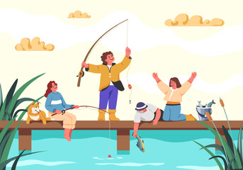 Children fishermen. Child fishing, happy kids catch fish on lake or river pier, cartoon angler boy son funny fisher girl rod bucket in summer pond nature recent vector illustration