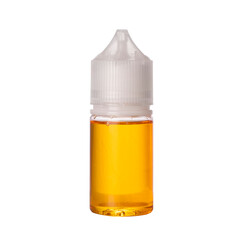 Una botella de esencia de vaper con líquido amarillo adentro sin fondo 