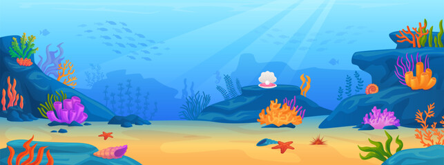 Obraz na płótnie Canvas Seabed landscape. Underwater sea ecosystem, marine aquarium bottom with seaweed algae stone fish ocean fauna panorama seafloor
