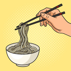 Eating noodles with chopsticks pinup pop art retro raster illustration. Comic book style imitation.