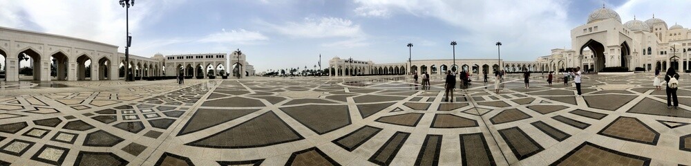 Panoramic view of the entrance of Qasr Al Watan Palace in Abu Dhabi, UAE