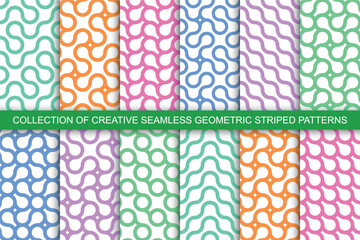 Collection of striped seamless geometric curve patterns. Bright wavy textures. Endless vibrant colors backgrounds