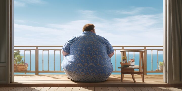 Rear view of obese man sits on balcony, concept of Body mass index, created with Generative AI technology