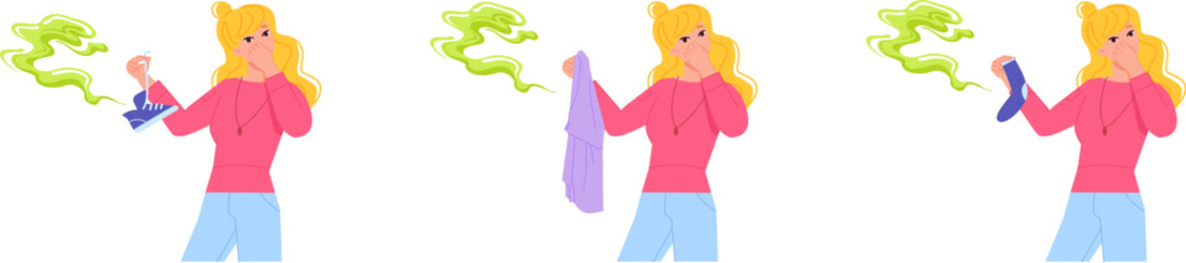 Woman holding smelly clothes. Girl with close nose hold smelling dirty sock shoes or shirt, bad smell from wet socks after feet sport, nasty sour stink concept vector illustration