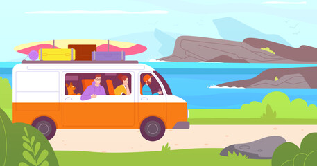 Travel drive on coast. Surfer friends or family and dog in caravan car with suitcase luggage on seaside road trip route to sea beach, summer holidays splendid vector illustration