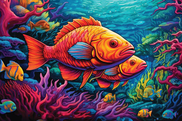 painting of underwater world with coral fishes