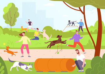 Obraz premium Dog playground. People training playing and walking with dogs on leash in city park or pets friendly area field, activity puppy running at canine yard, splendid vector illustration