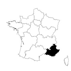 Obraz premium Vector map of the province of Provence-Alpes-Côte d Azur highlighted highlighted in black on the map of France.