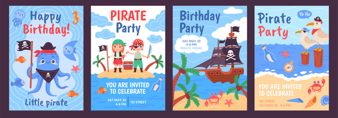 Pirate party posters. Cartoon pirates greeting card or birthday event invitation, kid marine adventure wooden boat with fish and seagull, sea sailor ingenious vector illustration