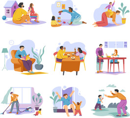 Single father. Dad housekeeper, daddy playing or sleeping with male toddler, combing daughter hairs fathers home childcare baby chores happy childhood recent vector illustration