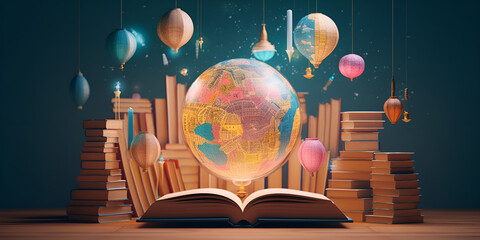 Magic Book and Fairy Tale Blooms with globe of earth in the air on a Table ,generative with AI
