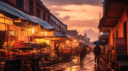 A Mexican market at sunset with the lights hd wallpaper