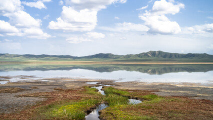 beautiful mountain lake. clouds over a mountain lake. mirror lake