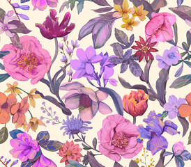 Floral seamless pattern painted in watercolor. Floral background with different flowers