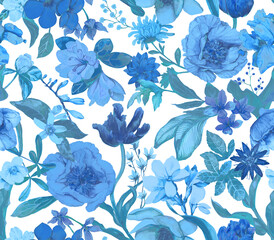 Floral seamless pattern painted in watercolor. Floral background with different flowers