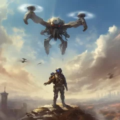 Tuinposter Robotic fpv drone flying over military soldiers in war, Generative AI © Mehadi Hasan Oyon