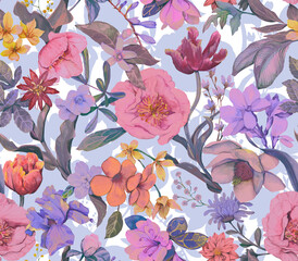 Floral seamless pattern painted in watercolor. Floral background with different flowers