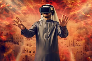 Face of a modern Muslim man with a beard wearing virtual reality glasses in cyber space AI