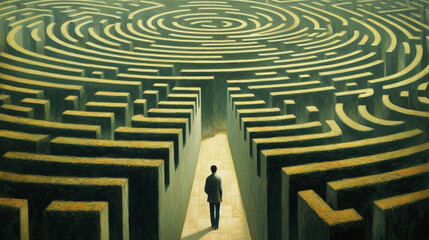 A man standing at the beginning of a maze